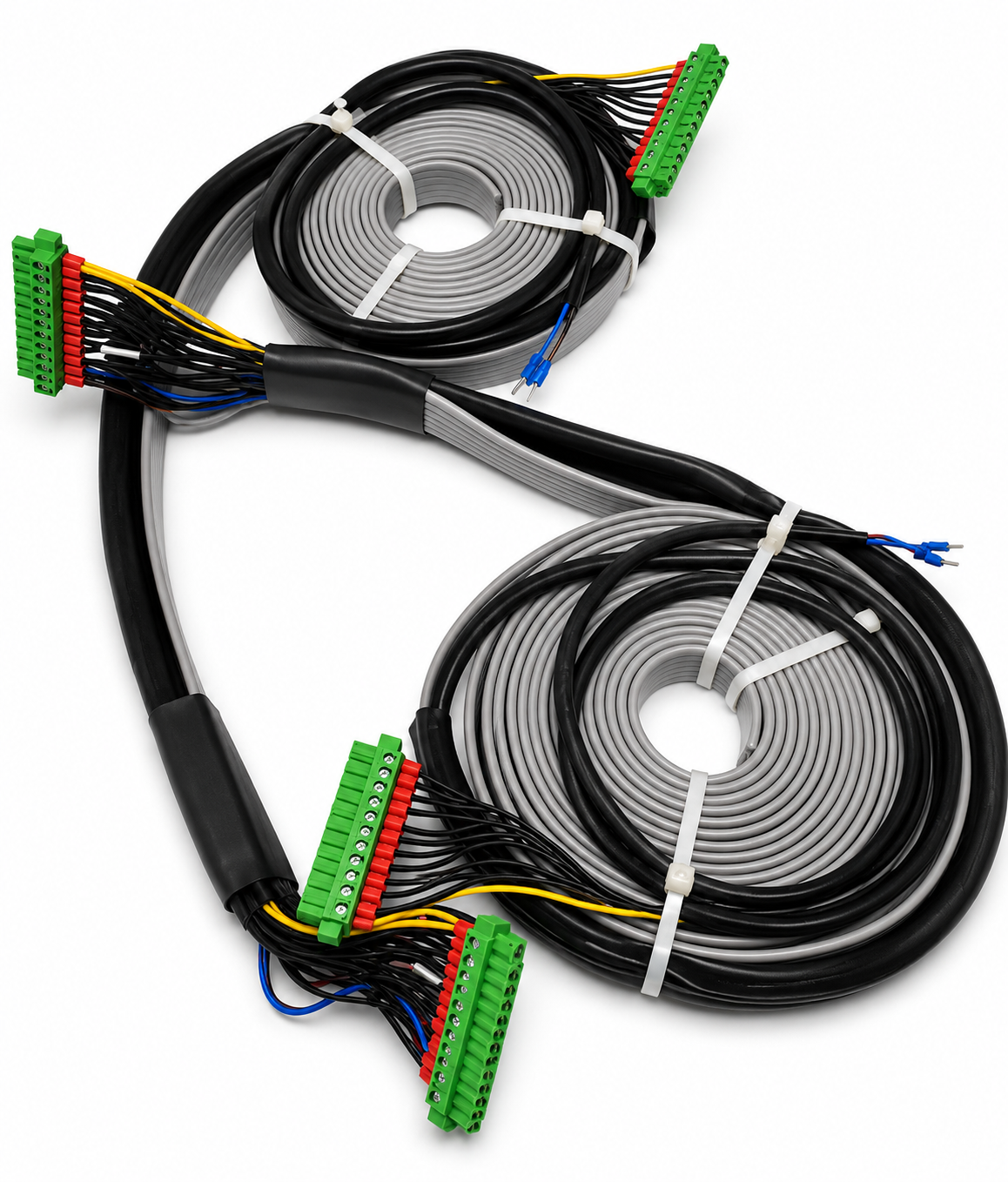 Bobines de câble plat noires et grises avec sortie de conducteurs multicolores