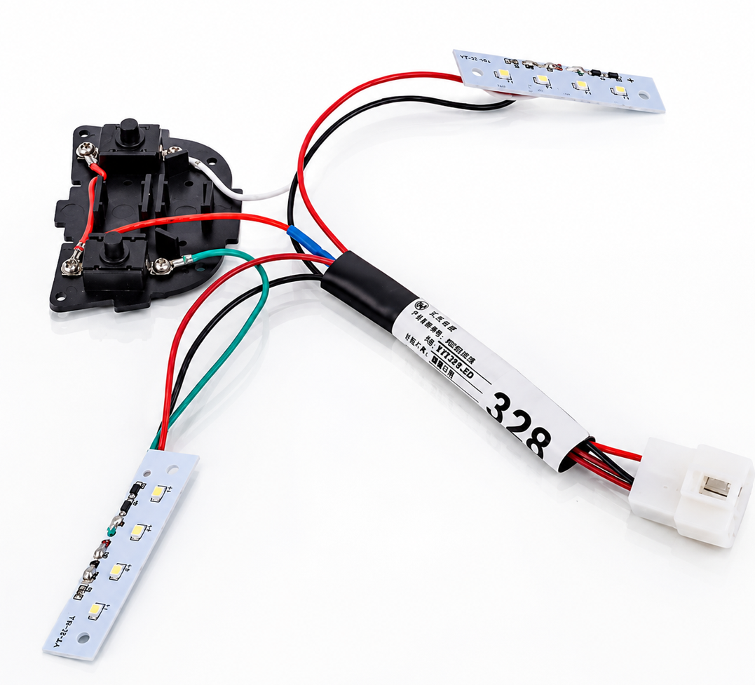 PCB LED + module interrupteur + connecteur — vue détaillée