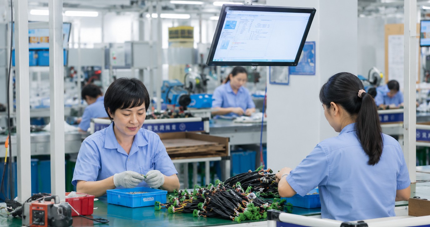 Automotive wiring harness production line with quality control monitors
